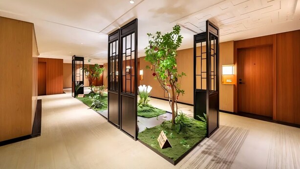 Un pasillo con paredes de madera, un área de jardín central con un árbol y plantas, y una puerta con un letrero.