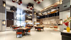 Un moderno vestíbulo de hotel con un área de comedor central, una cocina y una recepción.