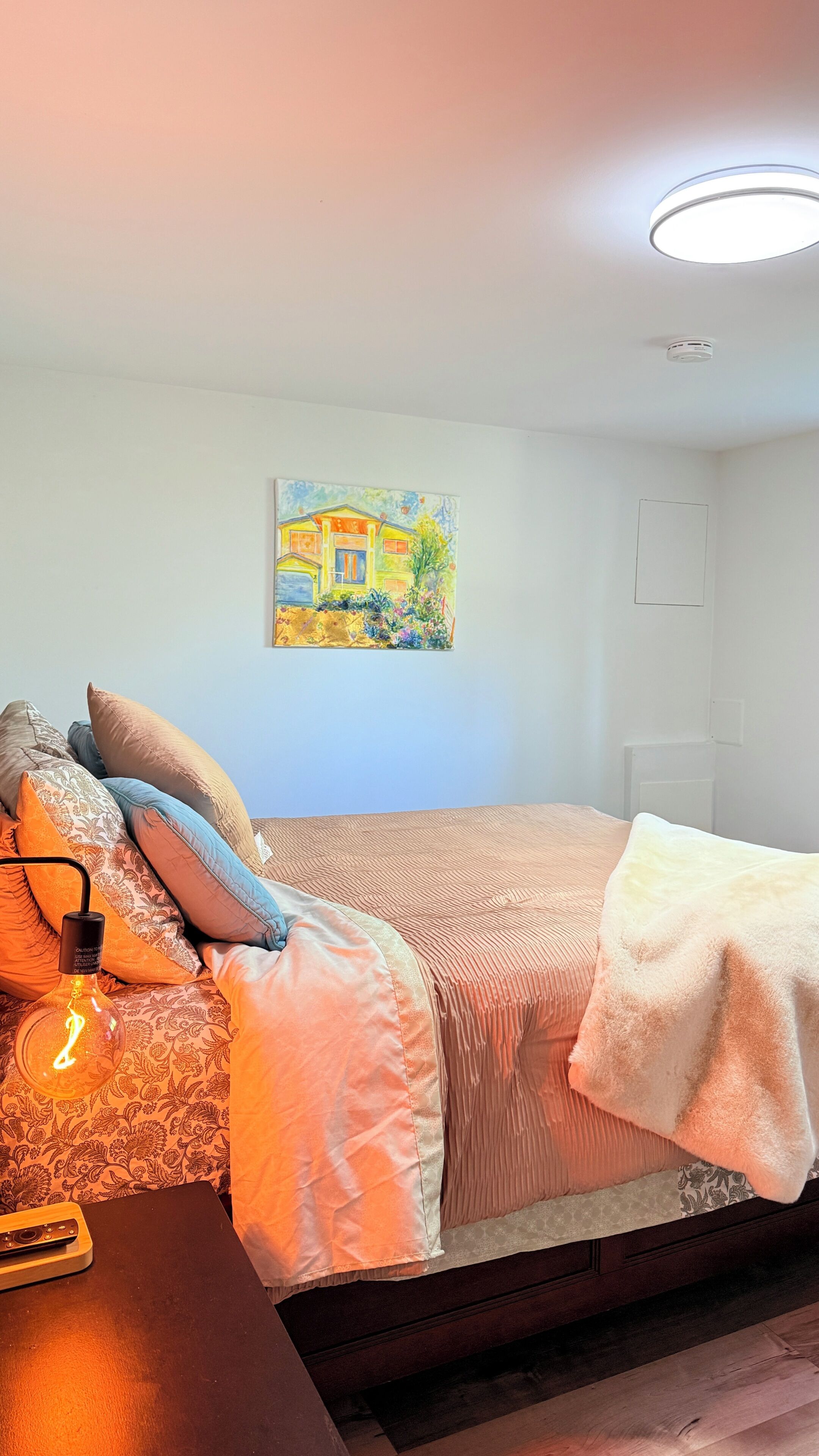 Une chambre à coucher avec un lit, des oreillers, une lampe de chevet, un tableau au mur et un luminaire au plafond.