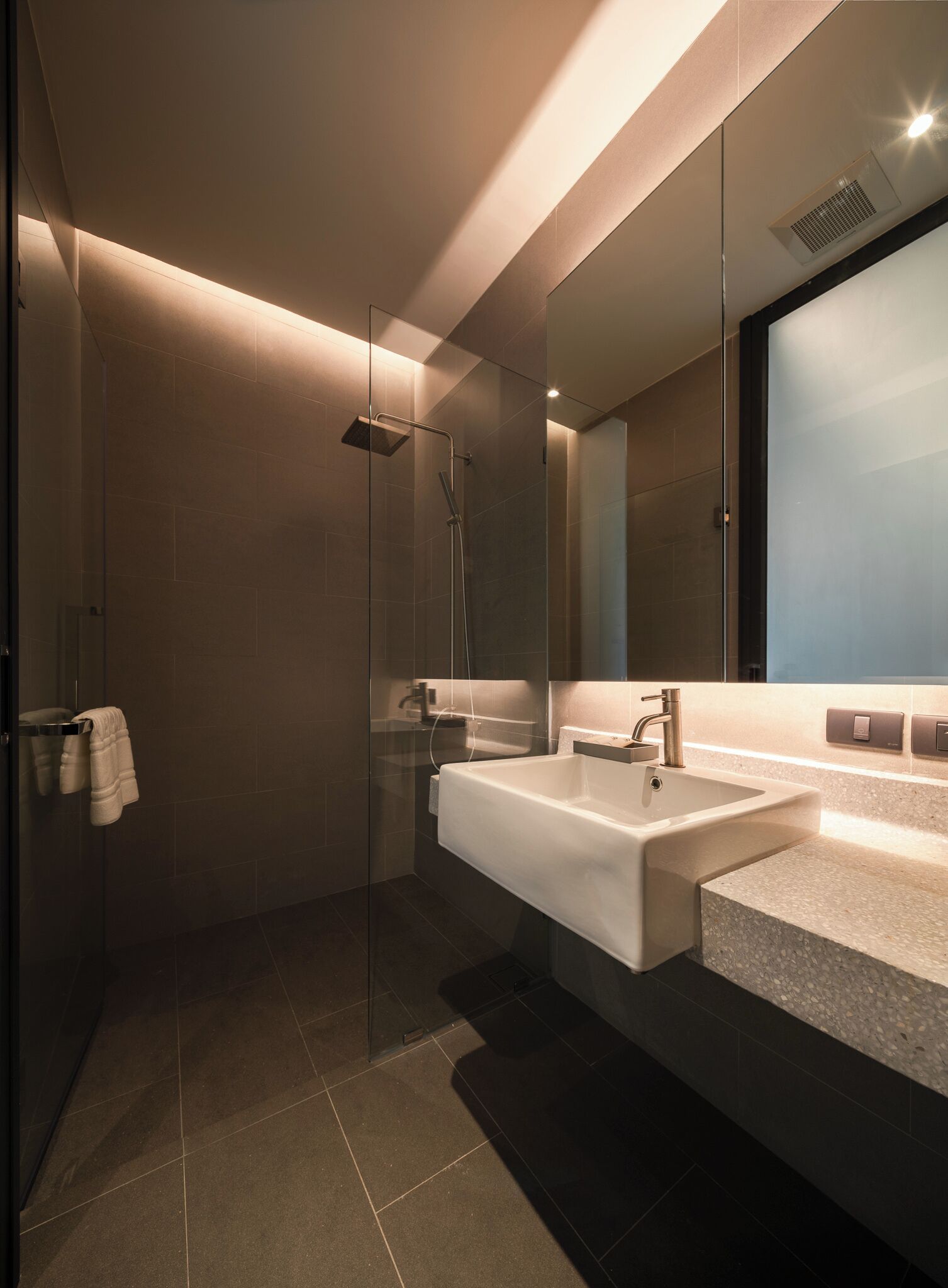 A modern bathroom with a glass-enclosed shower, two sinks, and a large mirror.