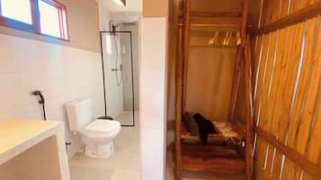 Shower, towels, soap, toilet paper