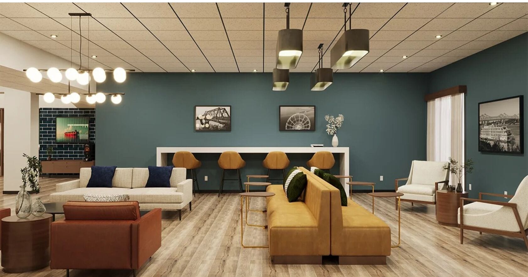 A modern living room with a sectional sofa, armchairs, and a coffee table. There are wall-mounted shelves and a fireplace.