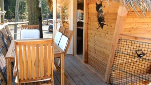 Una cabaña de madera con techo de paja, una banca y una silla afuera.