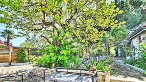 An outdoor seating area with a table and chairs, surrounded by lush greenery and a stone wall. - Sauzelle by Interhome (Ile d'Oléron)