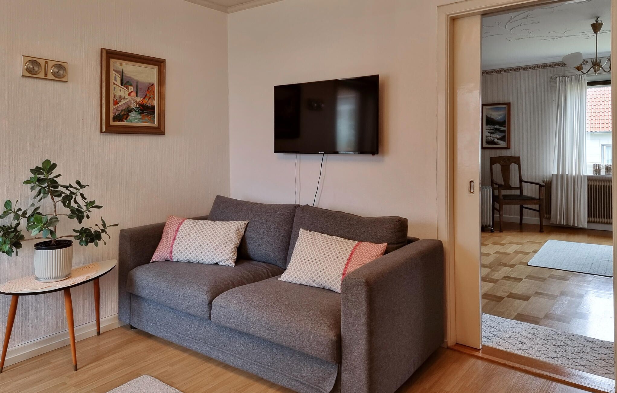 Un salon avec un canapé gris, un téléviseur à écran plat, une plante en pot et un tableau encadré accroché au mur.