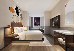 A modern hotel room with a large bed, a bathroom with a large mirror, and a city view through the window. - Mcsrh Hotel -Chengdu Jianshelu (Chengdu)