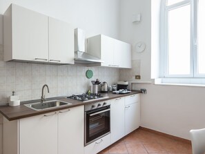 Fridge, oven, dishwasher, cookware/dishes/utensils