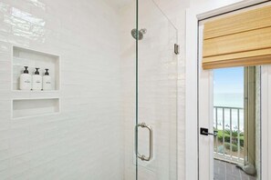 Shower, hair dryer, shampoo