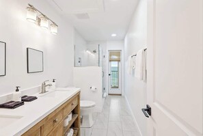 Shower, hair dryer, shampoo