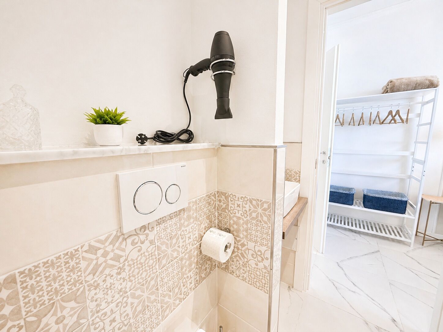 A bathroom with a towel rack, a hairdryer, a small plant, and patterned tiles.