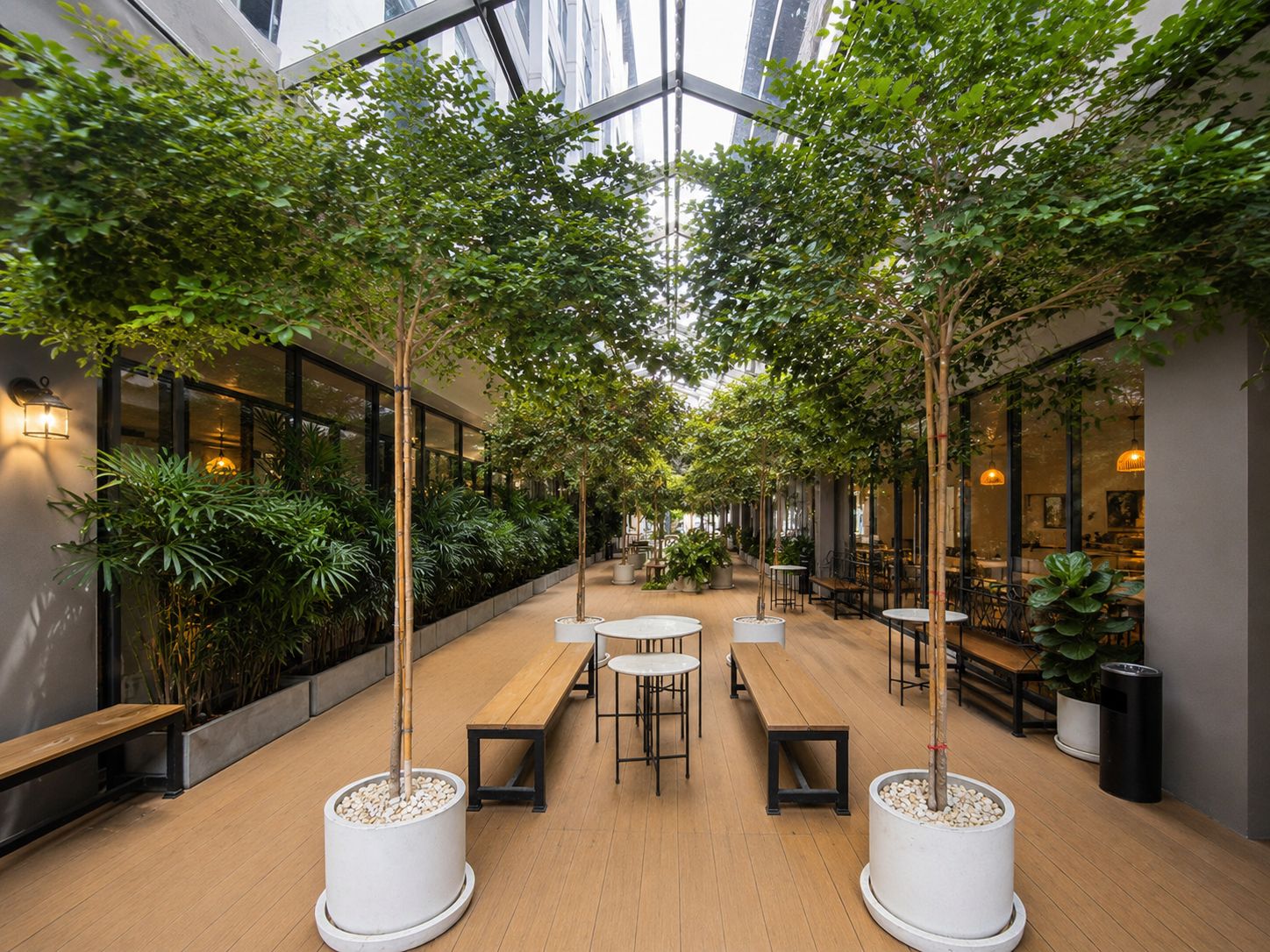 Un atrio interior con suelo de madera, mesas, bancos y plantas en macetas.