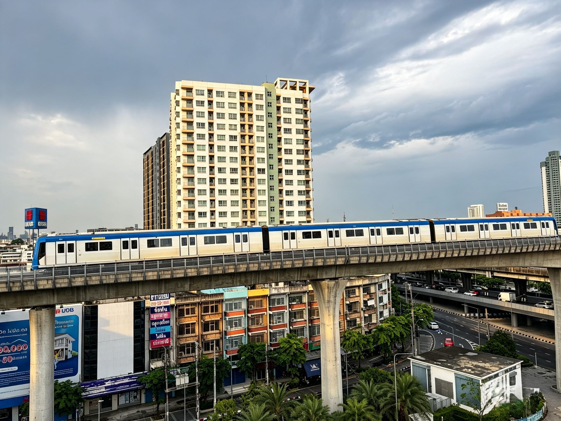 A train on an elevated track with a cityscape in the background.