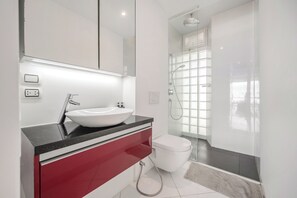 Regadera, secadora de cabello, bidet, toallas 