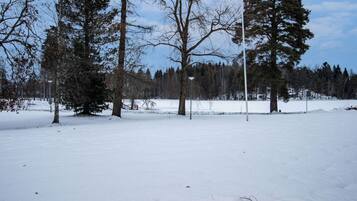 A snowy landscape with trees and a clear sky.
