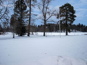 A snowy landscape with trees and a clear sky.