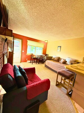 Smart TV, fireplace, books