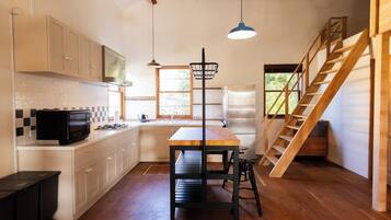 Fridge, microwave, cookware/dishes/utensils
