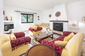 Ein Wohnzimmer mit einer Sofagarnitur, einem Couchtisch, einem Kamin und einem Fernseher.