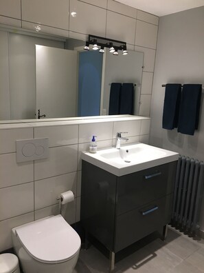 Douche, sèche-cheveux, serviettes fournies, savon