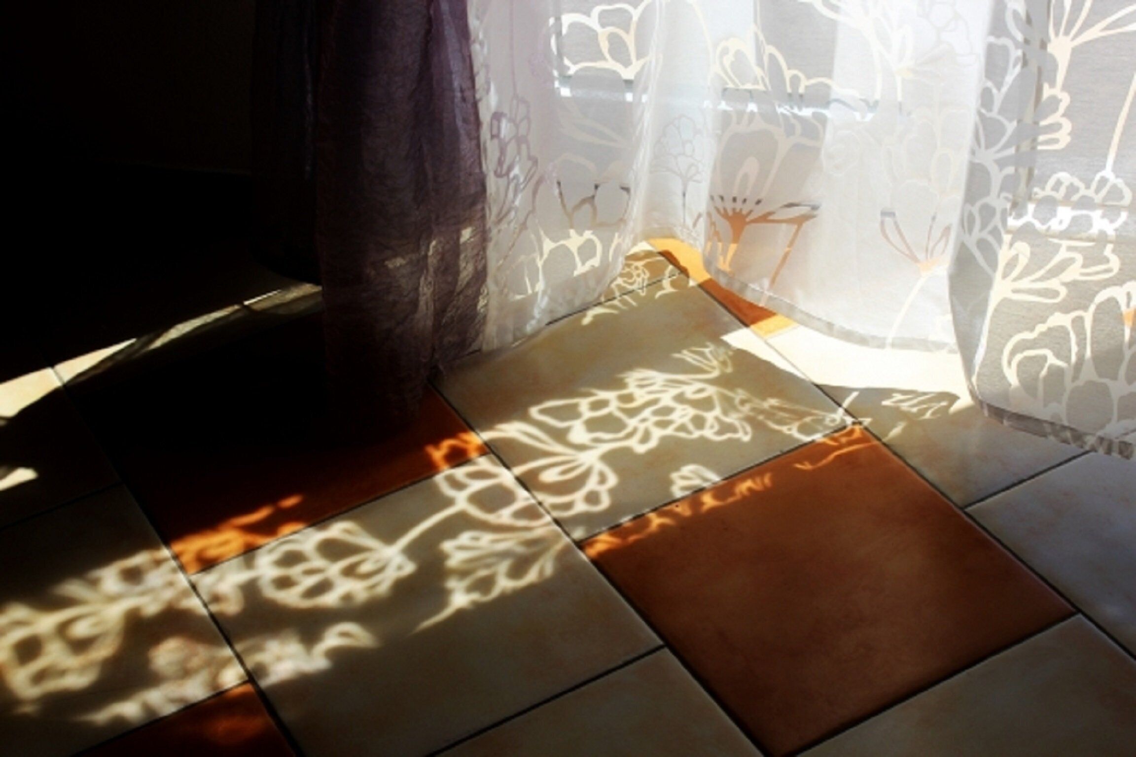A room with a patterned floor and a window with sheer curtains casting floral shadows.