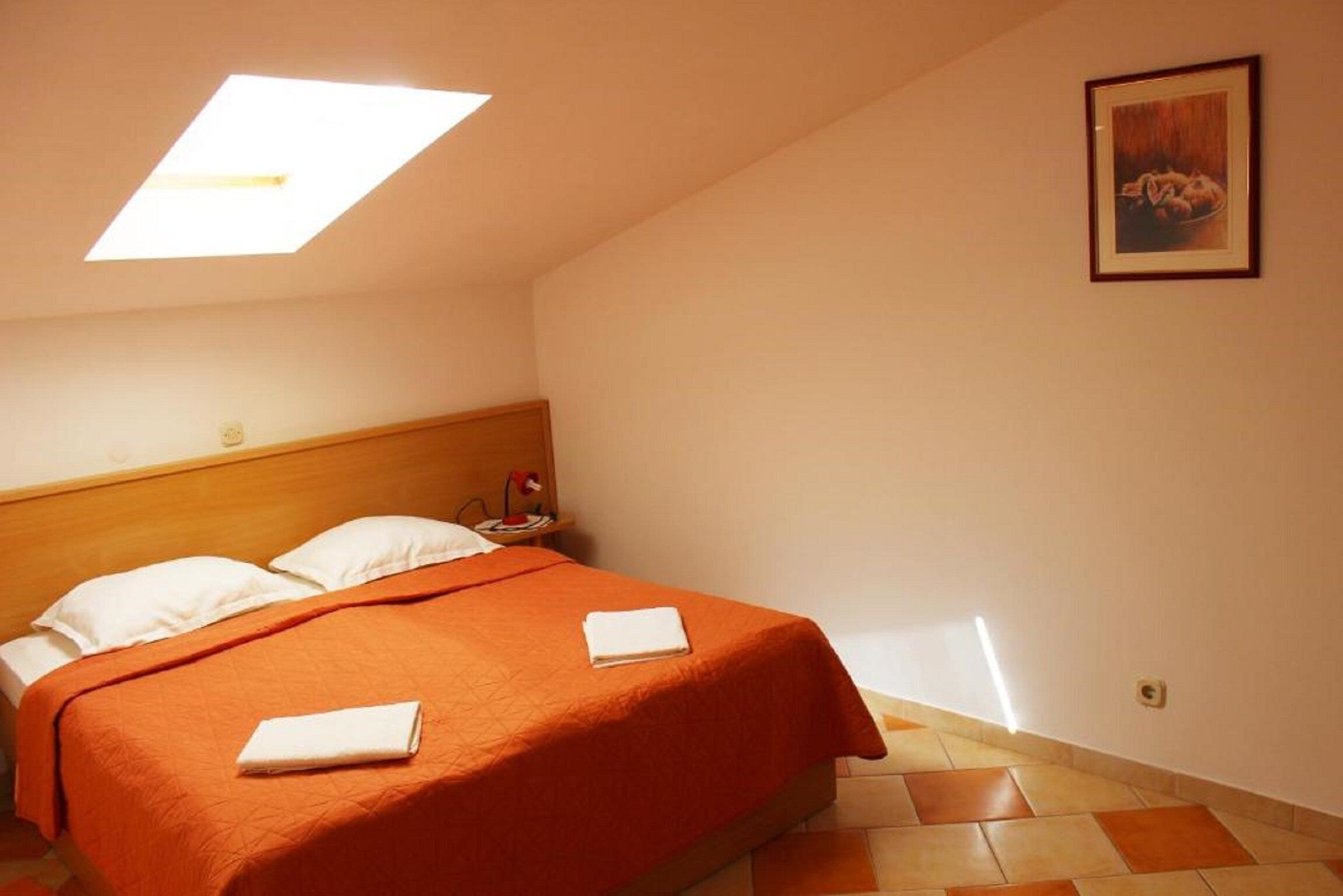 A single bed with an orange bedspread and white pillows, a nightstand with a lamp, a framed picture on the wall, and a skylight above the bed.