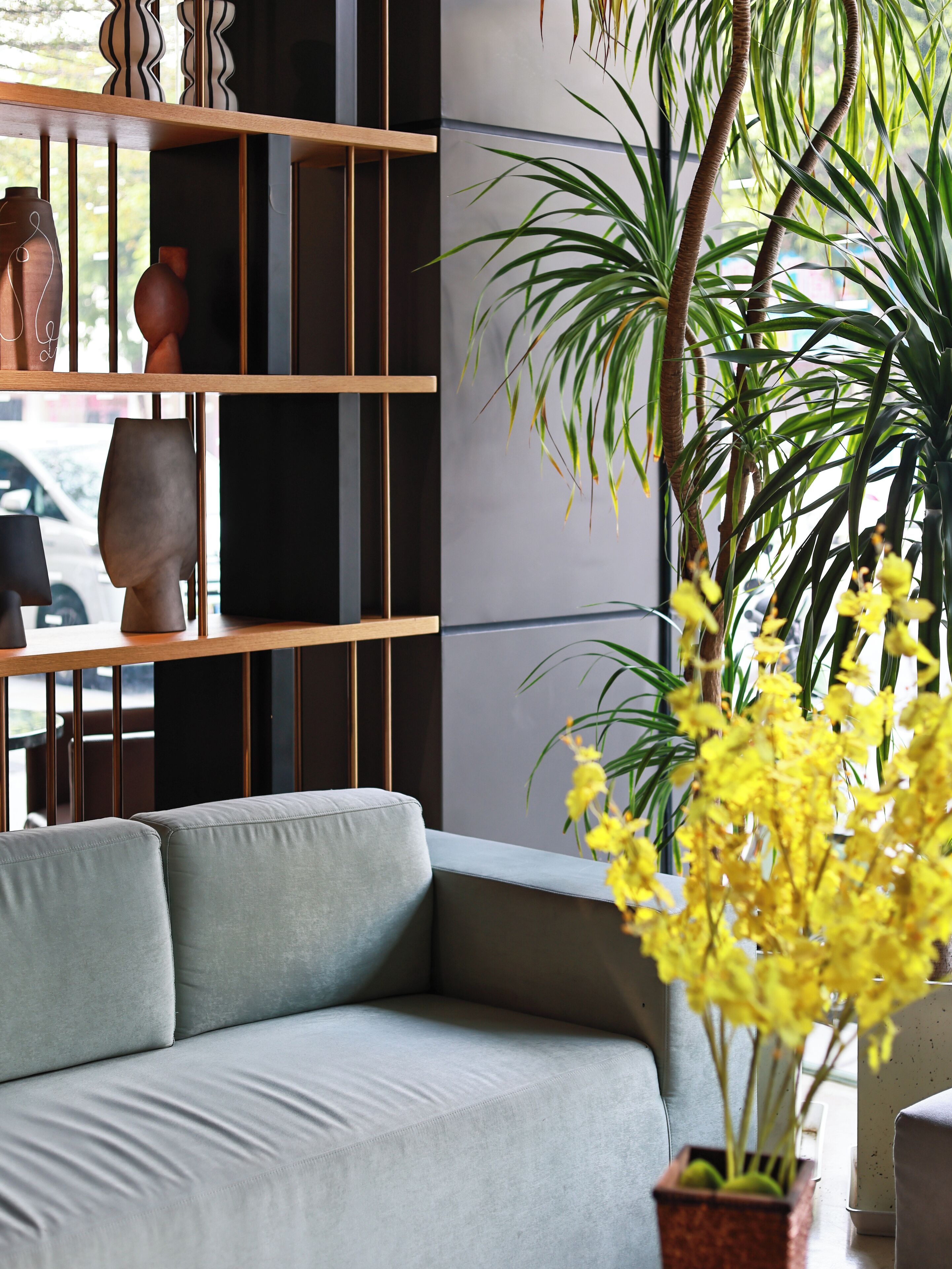 Ein modernes Wohnzimmer mit einem grauen Sofa, Holzregalen mit Dekoration und einer großen Kübelpflanze mit gelben Blüten.