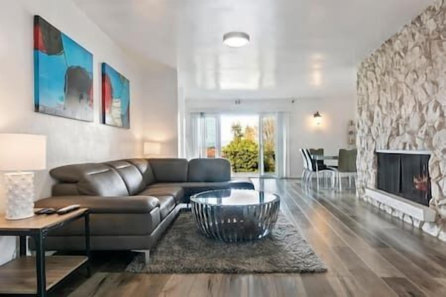 TV, fireplace, books