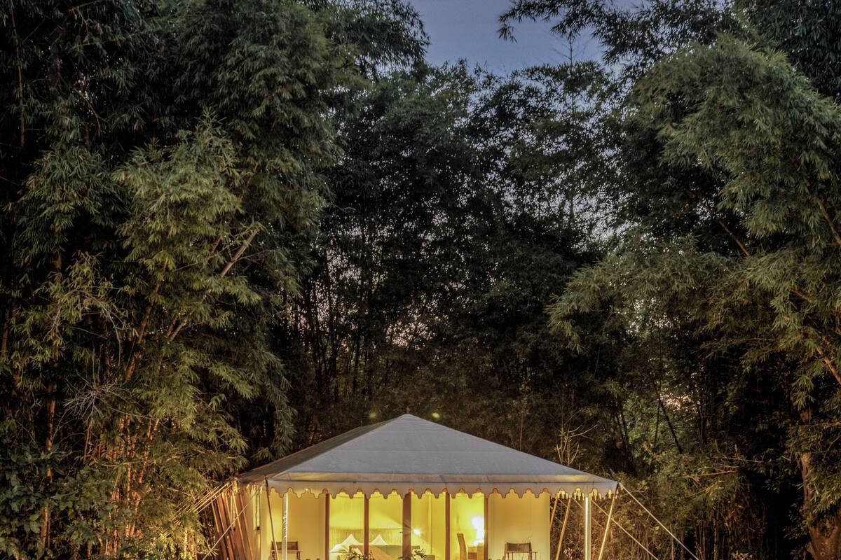 A tented structure with a reflective water surface in front, surrounded by dense trees.