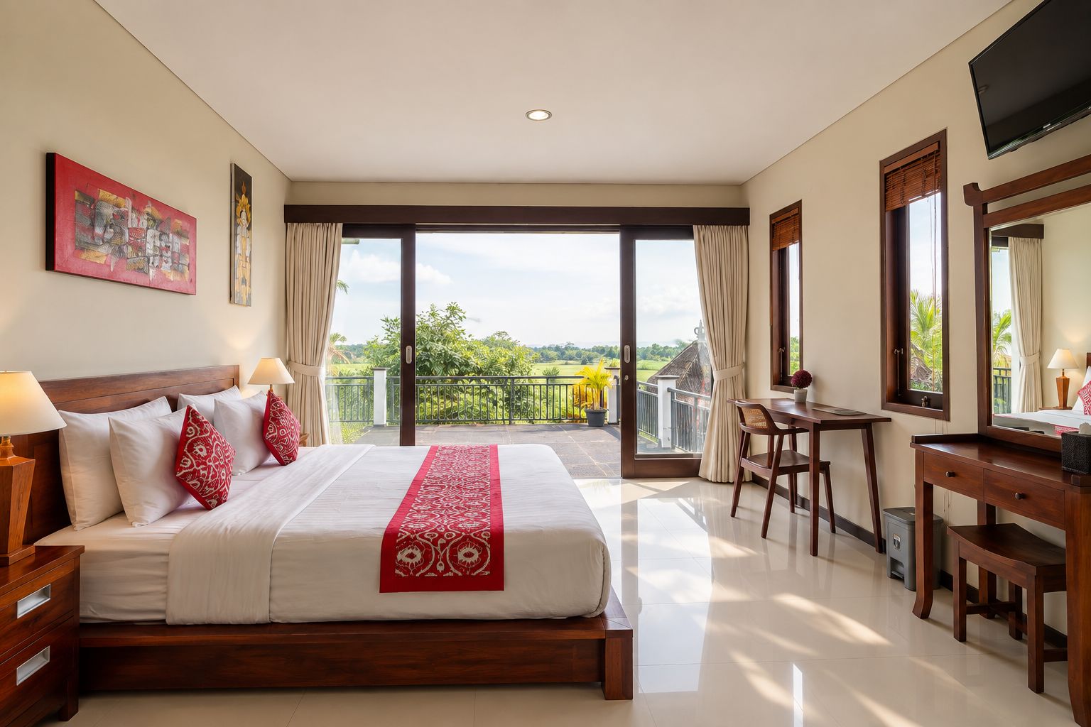 Una habitación de hotel con una cama grande, un escritorio, una silla y un balcón con vistas.