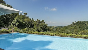 Une piscine rectangulaire à l’eau d’un bleu limpide, entourée d’une végétation luxuriante et d’arbres.
