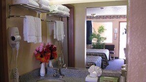 A hotel bathroom with a sink, towel rack, hairdryer, and a mirror. - Charming Hotel in a quiet spot, next to a Walmart, located in Seminole, Texas. (Seminole)