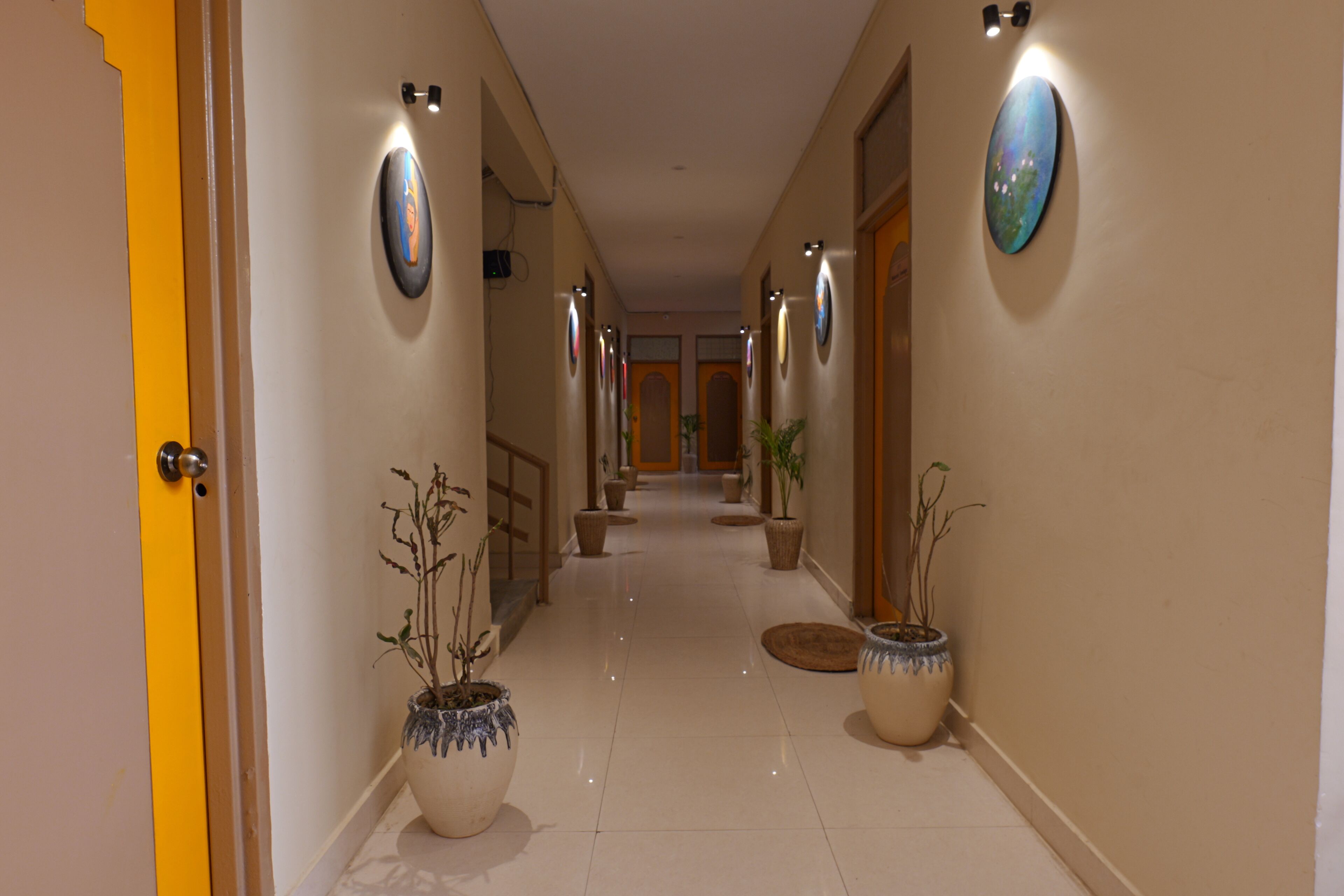 A hallway with potted plants, wall-mounted lights, and framed artwork.
