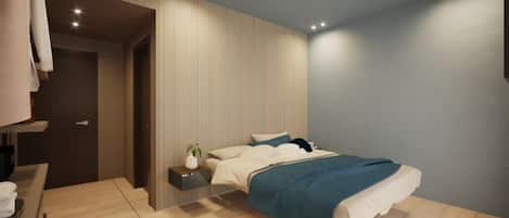 A modern bedroom with a bed, bedside table, and a small plant.