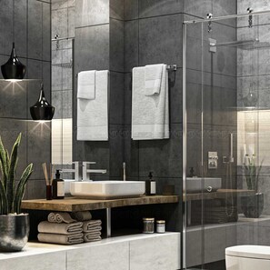 Hair dryer, towels, toilet paper