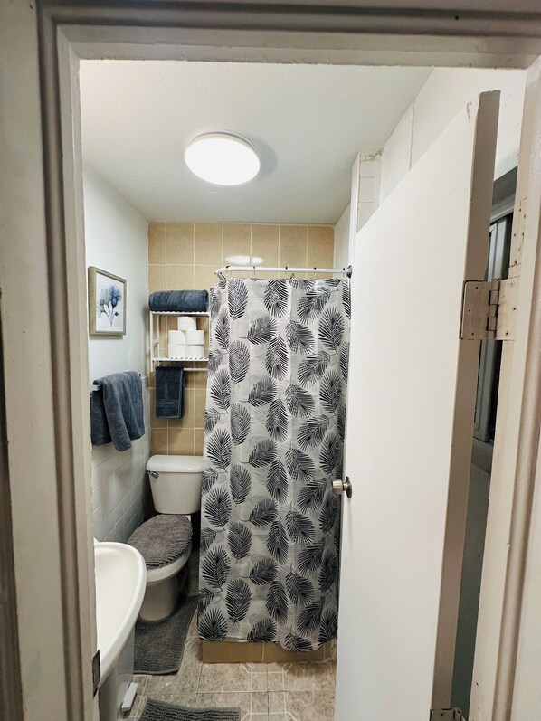 A bathroom with a toilet, sink, and shower curtain. - Odriozola’s Vrbo Studio (El Paso)