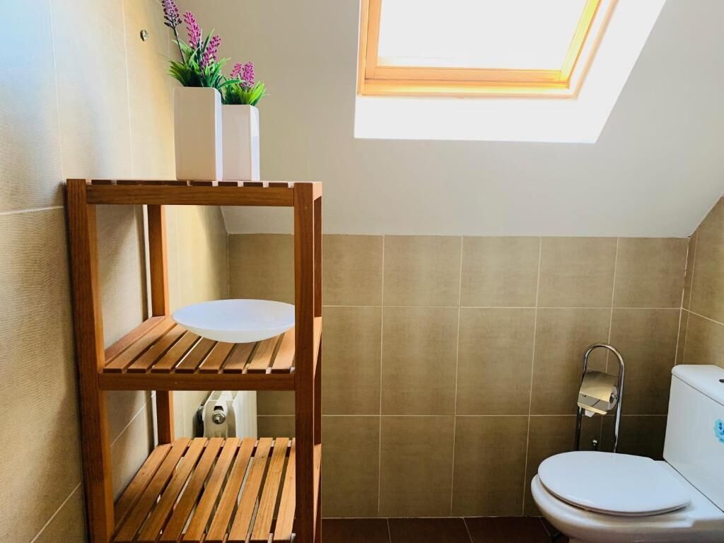 A bathroom with a wooden shelf unit, a toilet, and a skylight.