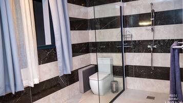 Shower, towels, toilet paper