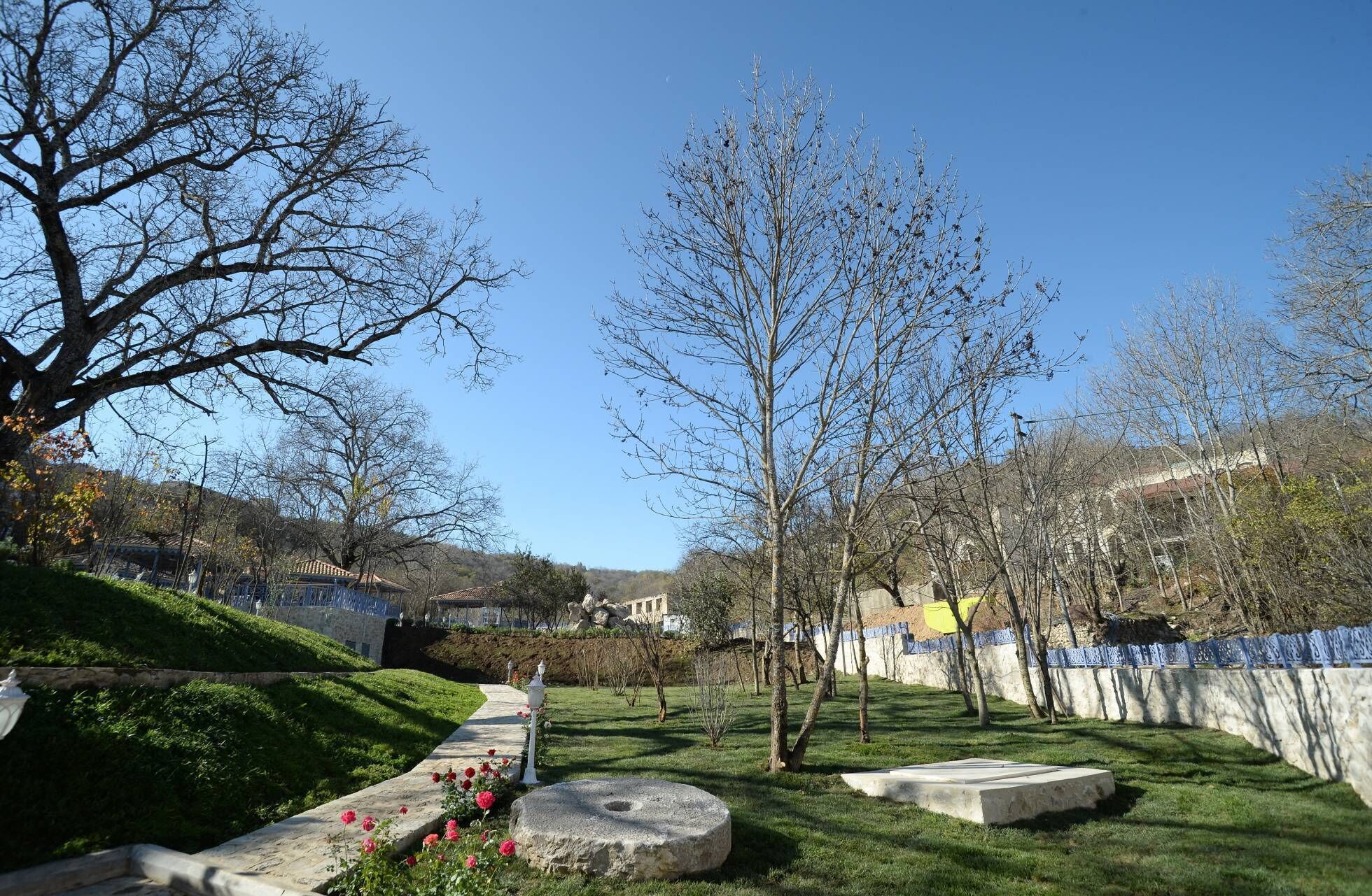 Un jardin aménagé avec un sentier en pierre, un grand arbre et un banc en pierre.