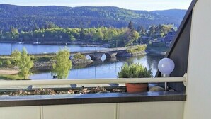 Un balcón con vista a un río, un puente y una ladera boscosa.