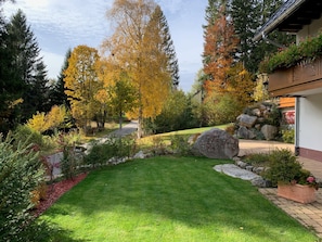 Un jardin bien entretenu, avec une pelouse, un chemin et diverses espèces d’arbres.