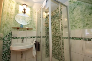 Shower, hair dryer, towels