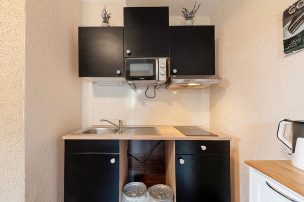 Fridge, microwave, stovetop, electric kettle