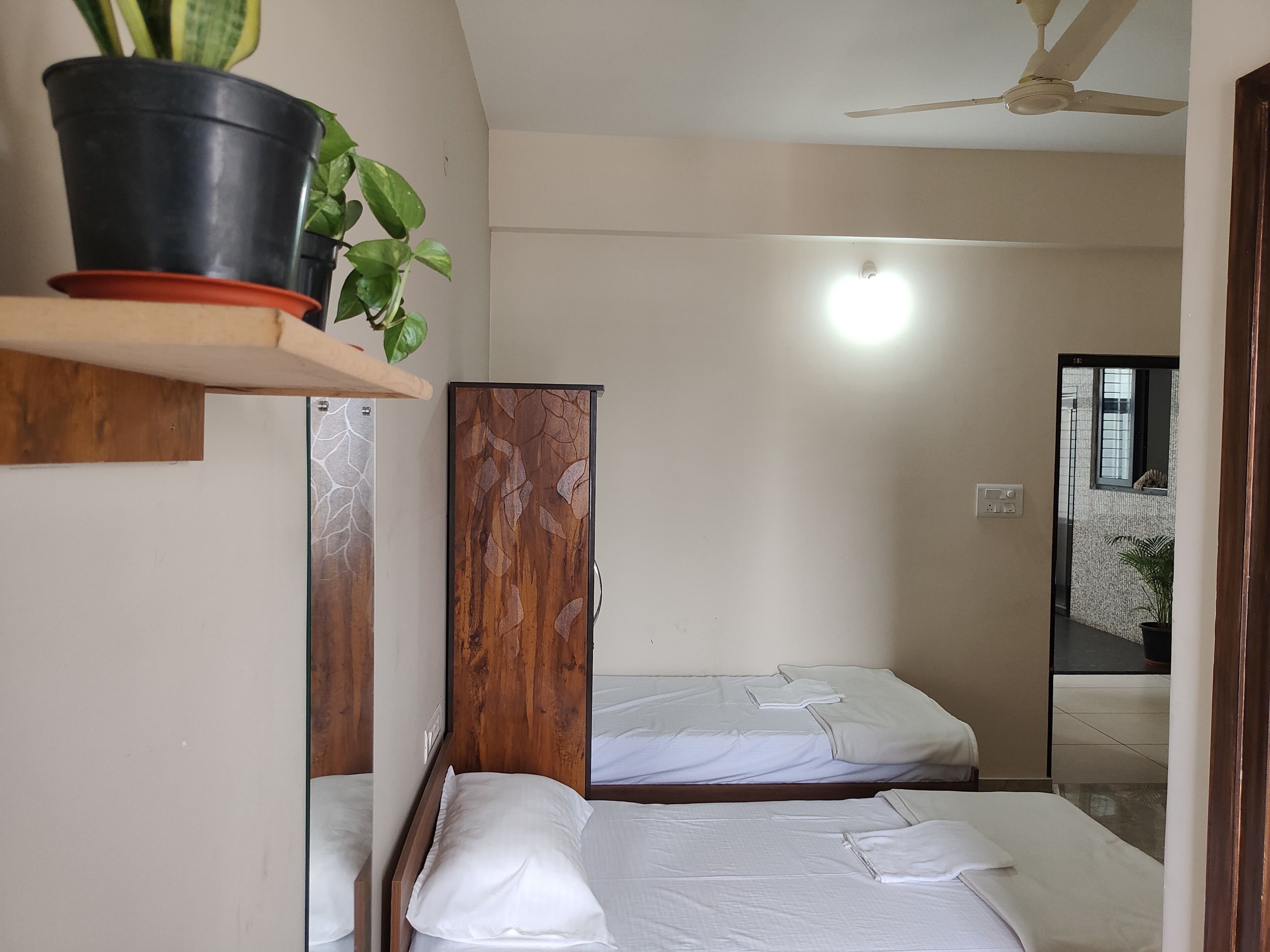 Habitación de hotel con dos camas, ventilador de techo, planta en maceta y espejo.