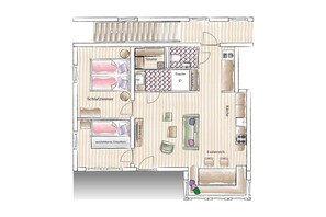 Plano de planta de un hotel con baño privado, sauna, sala de televisión y una pequeña cocina.