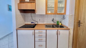 Een compacte keuken met een ingebouwde kookplaat, een dubbele spoelbak en houten keukenkastjes met glazen deuren.