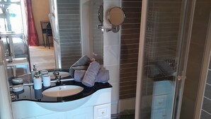 A modern bathroom with a large sink, mirror, and shower area. - Le Menhir  (Avrille)