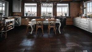 A rustic kitchen with a wooden table and chairs, large windows, and a chandelier. - Luxury Cabin at Nesfjellet with sauna, bbq, close to ski & golf (Nesbyen)