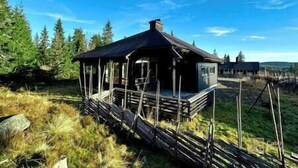 Eine Holzhütte mit einer Holzterrasse und einer überdachten Veranda, umgeben von Bäumen und blauem Himmel.