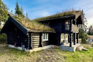 A log cabin with a thatched roof, a porch, and a small deck.