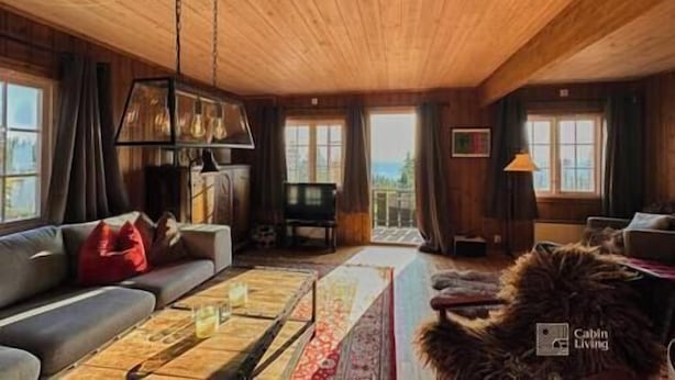 Un interior acogedor de cabaña con techo de madera, un sofá, una mesa de centro y un televisor.